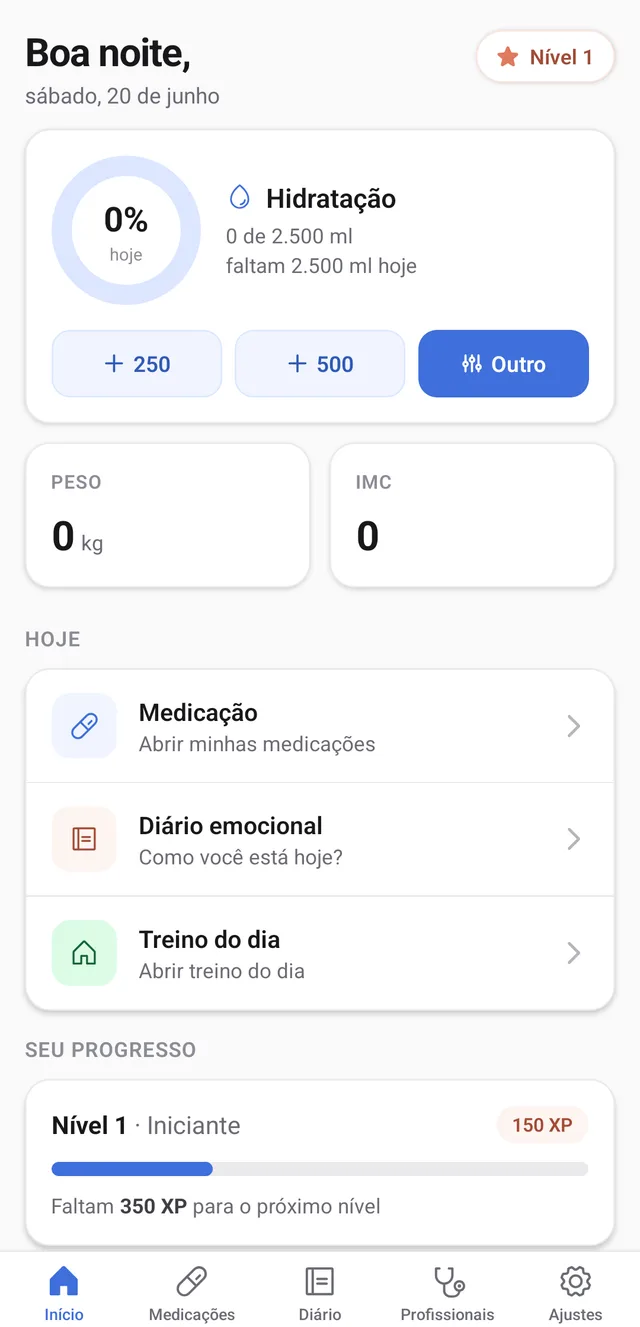 Tela inicial do app SACIA no primeiro dia de uso, com hidratação, peso, IMC e atalhos de medicação, diário e treino