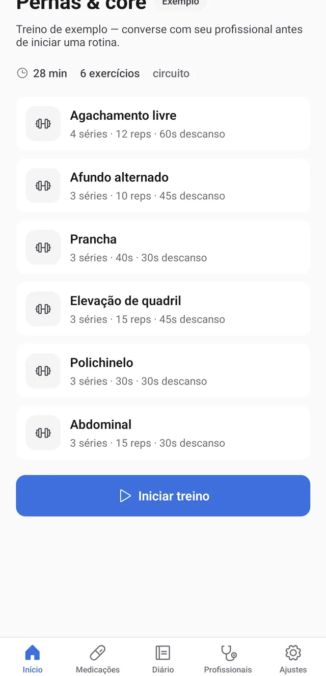 Tela de treino do app SACIA com circuito guiado de pernas e core: exercícios, séries, repetições e descanso
