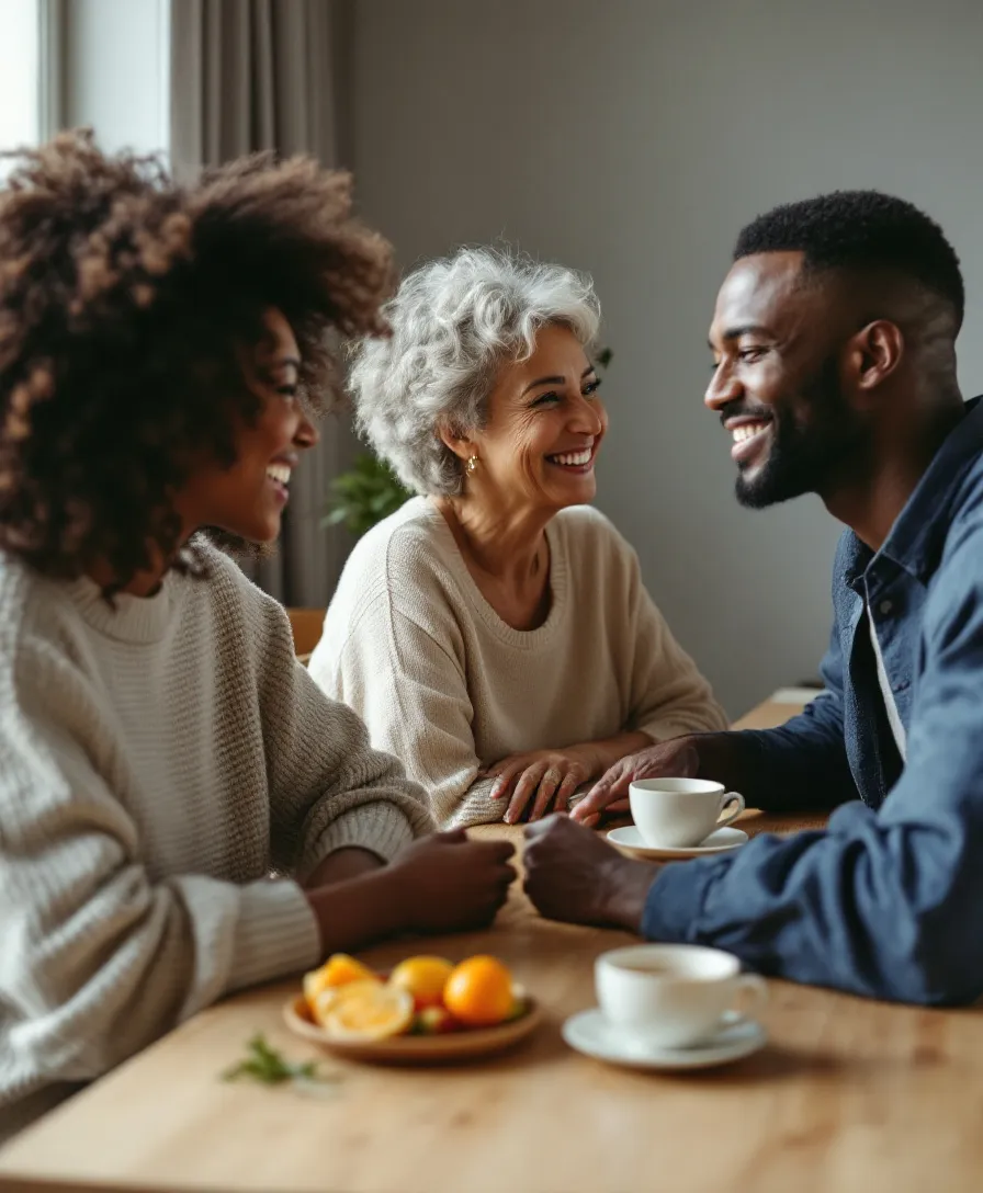 Três pessoas brasileiras de idades e tons de pele diferentes conversando à mesa, com chá e frutas frescas