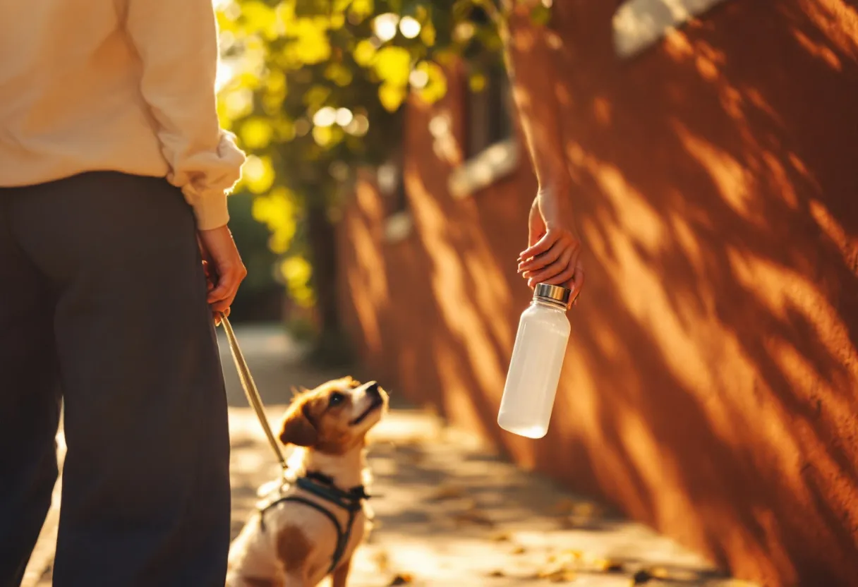 Pessoa de costas caminhando com um cachorro na coleira e uma garrafa de água, na luz do fim de tarde