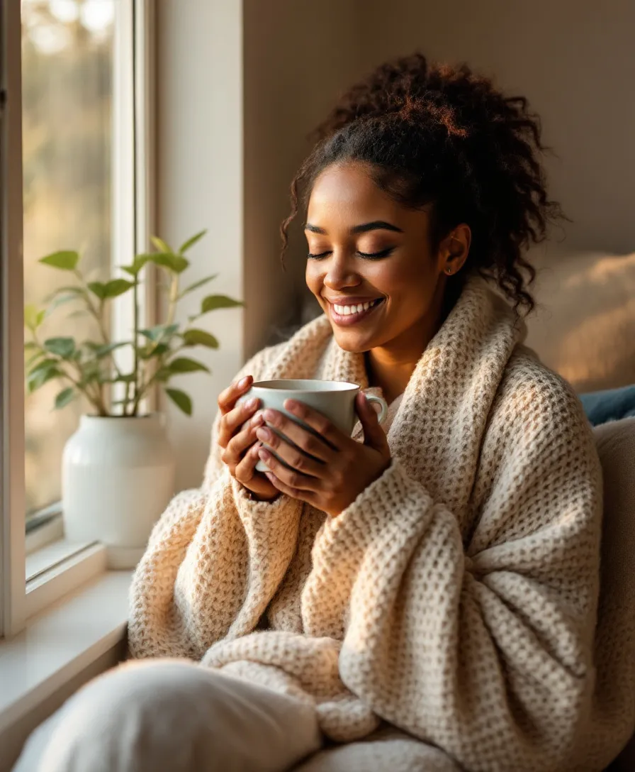 Mulher sorrindo tranquila, enrolada numa manta, segurando uma caneca perto da janela
