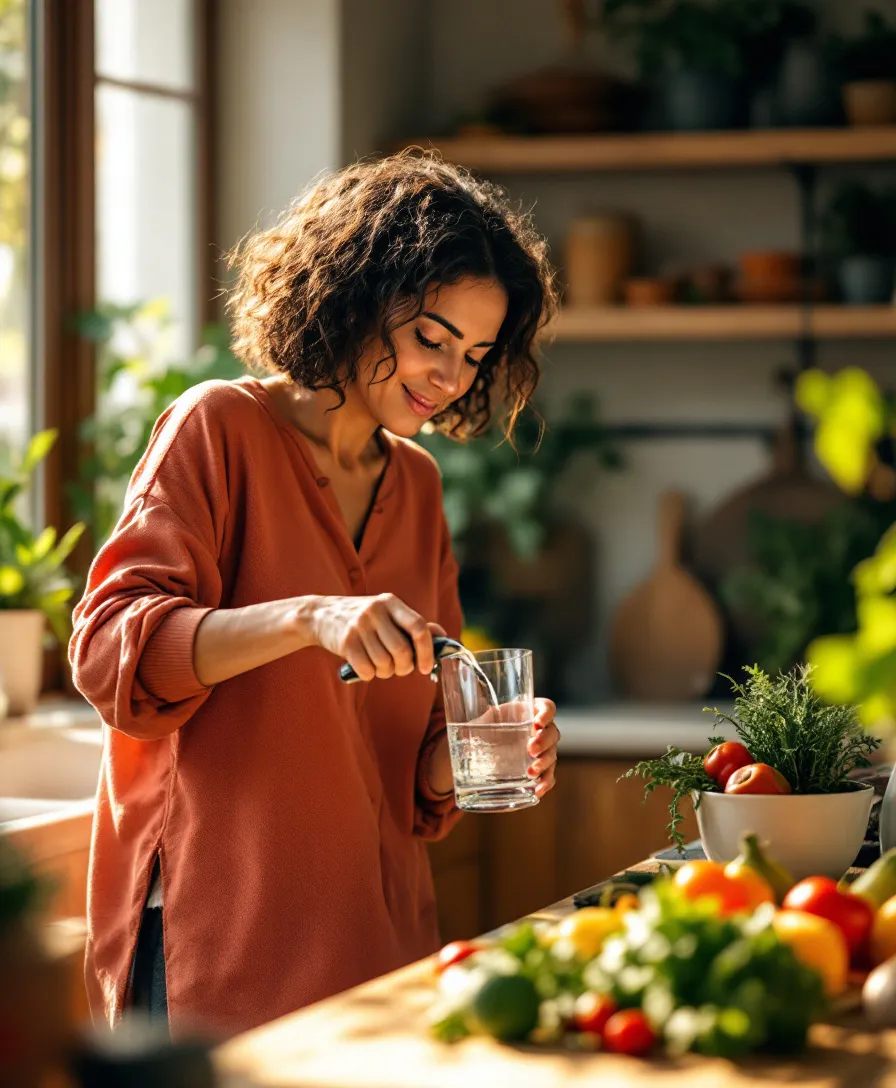 Mulher servindo água numa cozinha cheia de vegetais frescos, com luz natural da manhã
