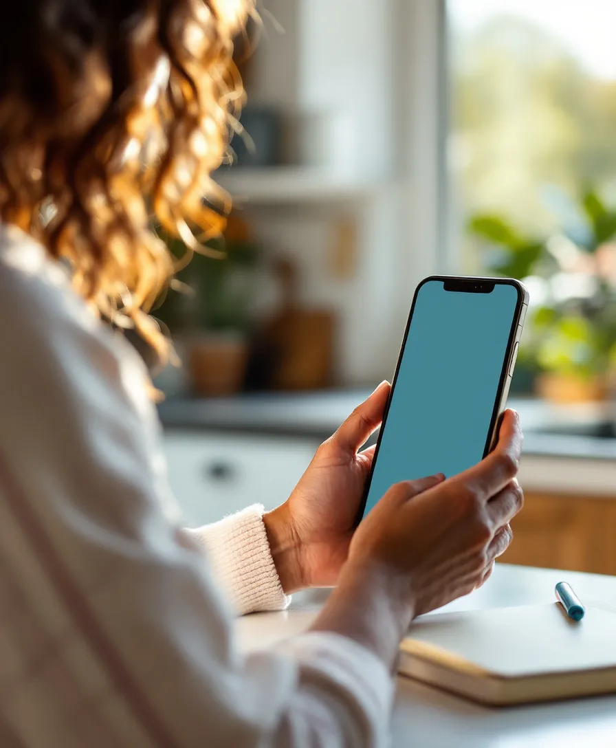 Pessoa de costas segurando o celular numa cozinha iluminada, com plantas e a bancada ao fundo